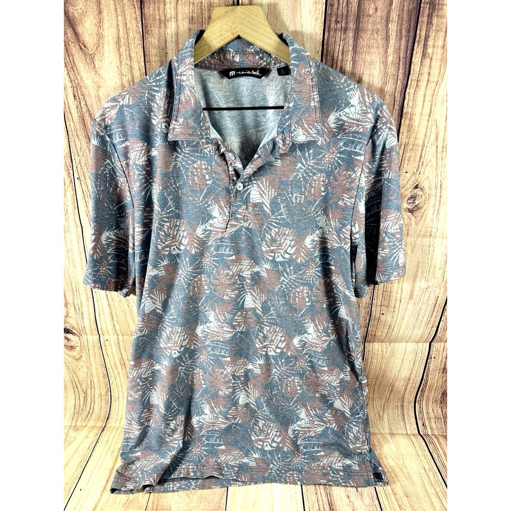 Travis Mathew Polo Shirt Men XL Blue Pale Red Short Sleeve Tropical Print XLARGE